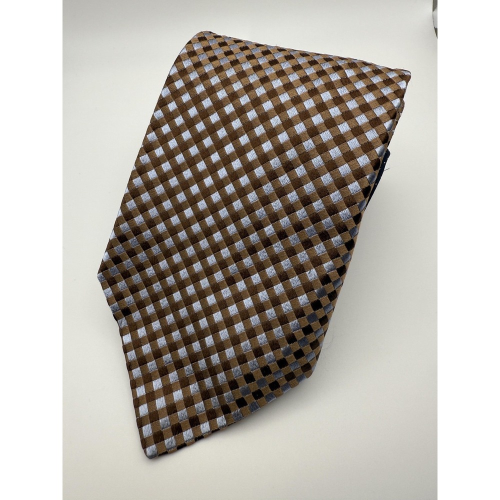 Tommy Hilfiger Tie Mens Classic Brown Gray Checkered Silk Made‎ USA Business